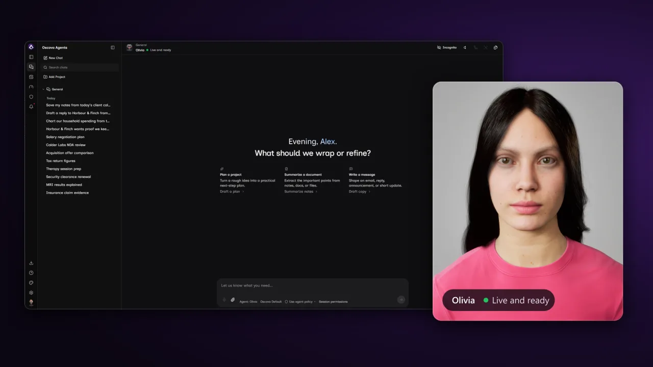 Oscova Chat workspace beside Olivia, the avatar, live and ready