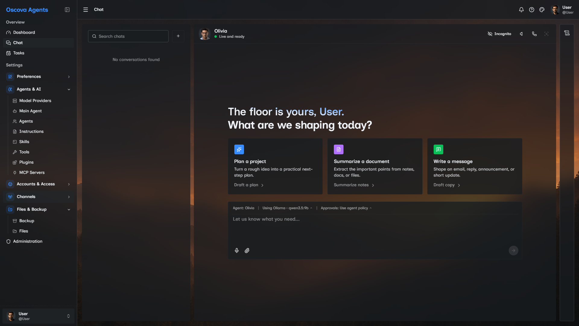Oscova product shell with primary navigation and chat workspace.