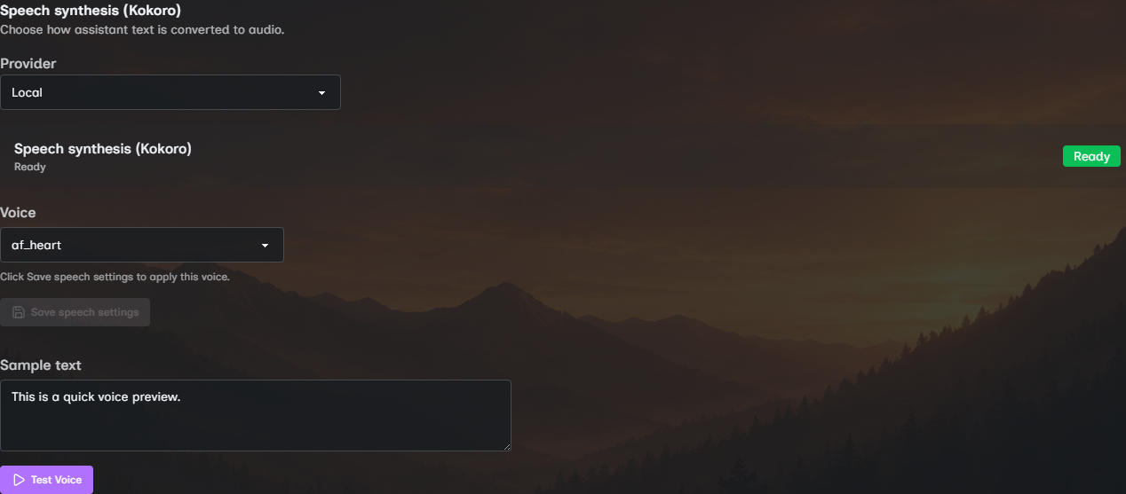 Local speech synthesis settings with voice selection and preview controls.