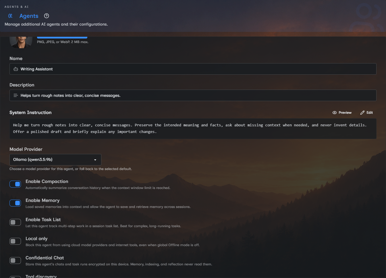 Writing Assistant editor with instructions, Ollama model selection, and behavior controls.