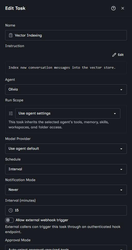 Vector Indexing task editor showing its agent, interval schedule, and notification settings.