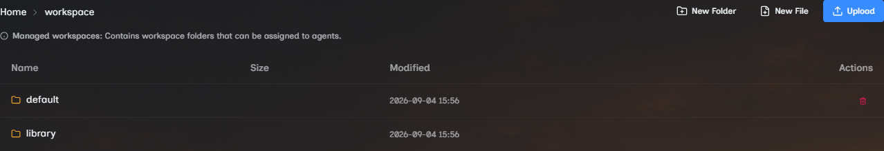 Files browser showing managed workspaces, the Library folder, and file actions.