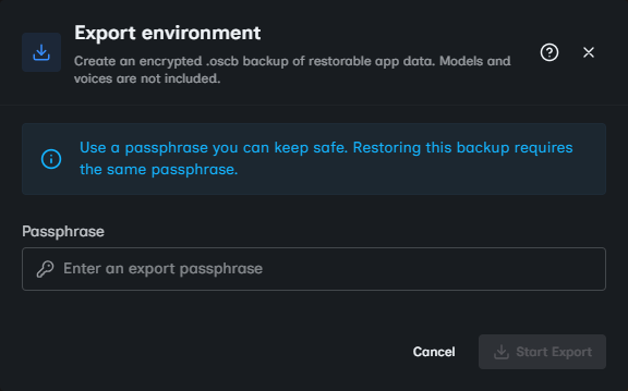 Export environment dialog with an empty passphrase field for an encrypted backup.