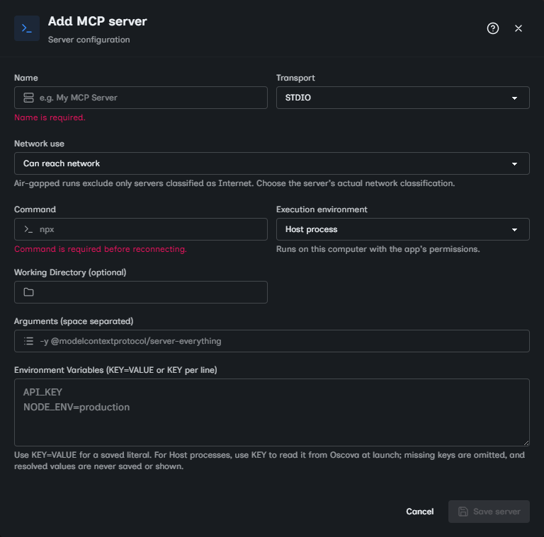 Empty MCP server editor showing transport, network, and host-process configuration fields.