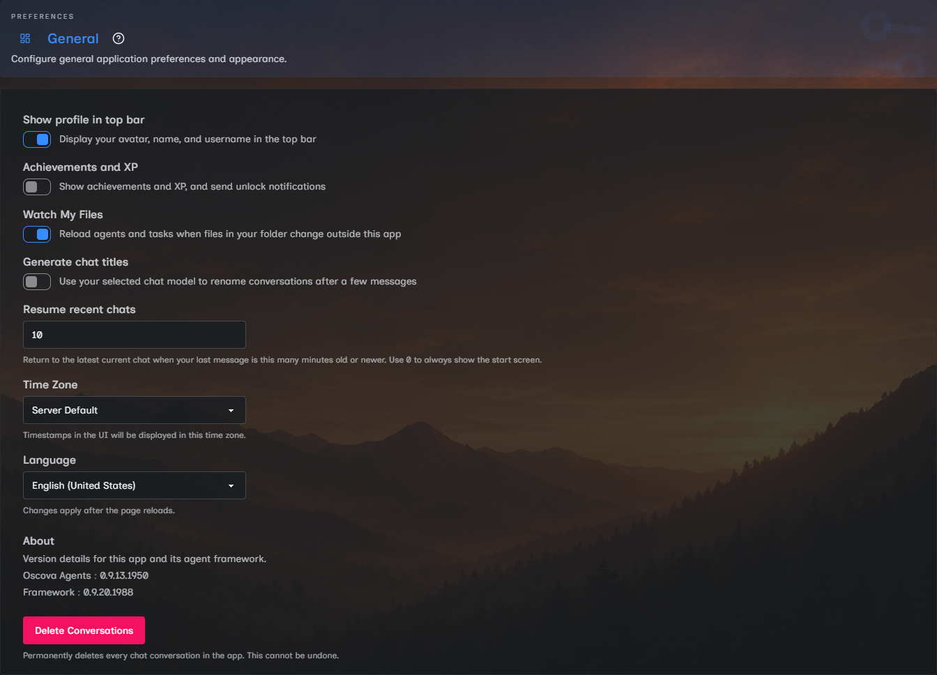 General settings for profile visibility, achievements, file watching, language, and chat preferences.