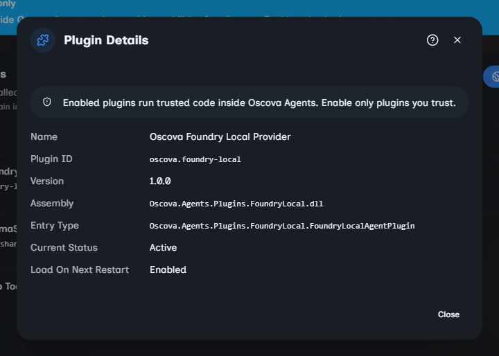 Plugin details with package metadata and available actions.