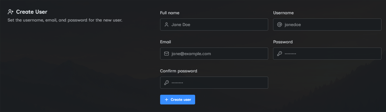 Administration form for creating a regular user.